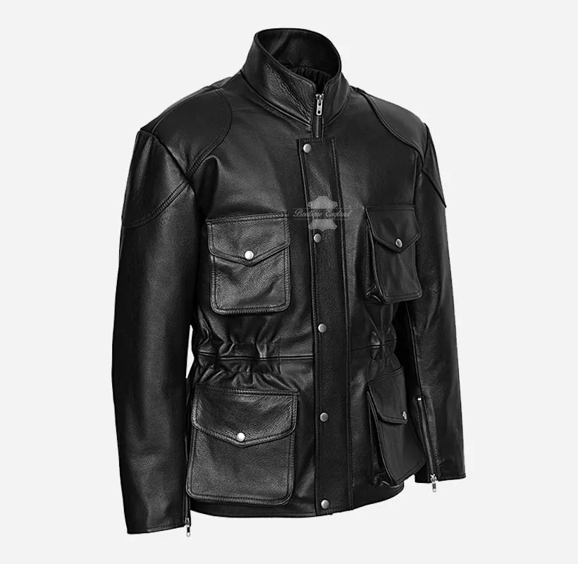 HUNTER Black Leather Coat Safari Biker Motorbike Jacket