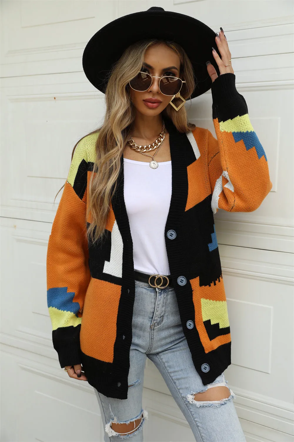 Knitted street lazy single-breasted stitching fashionable sweater coat