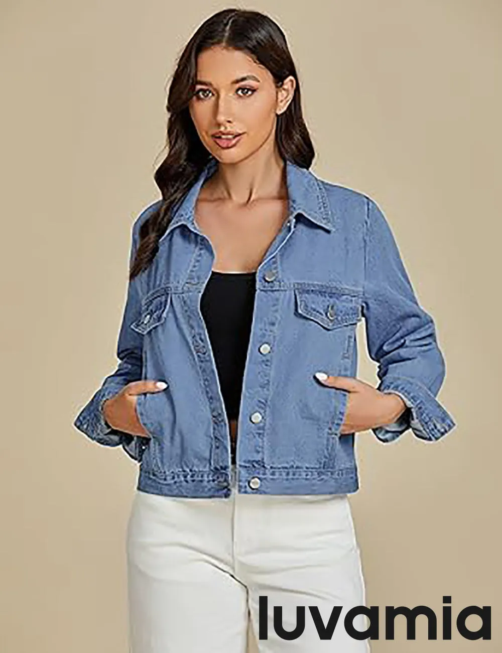 LUVAMIA Women Lapel Blazer Denim Vintage Retro Jean Coats Jackets