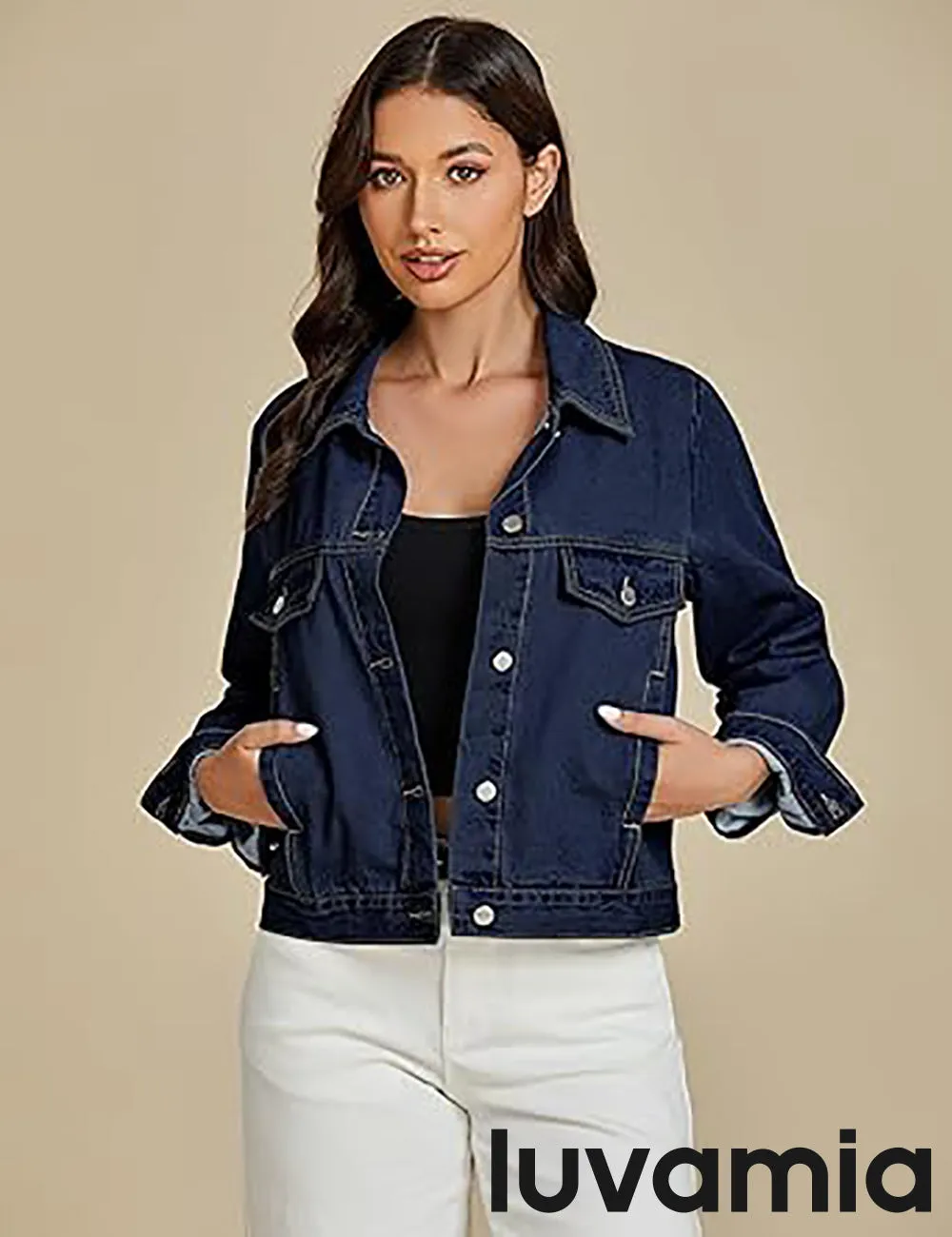 LUVAMIA Women Lapel Blazer Denim Vintage Retro Jean Coats Jackets