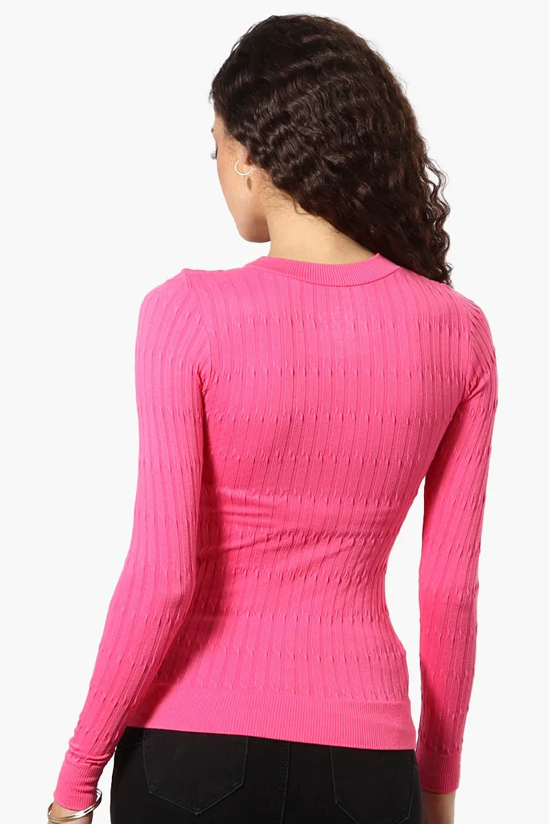 Magazine Solid Ribbed Crewneck Long Sleeve Top - Pink