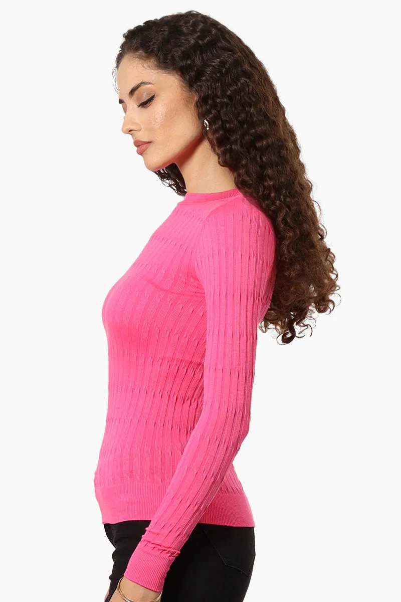 Magazine Solid Ribbed Crewneck Long Sleeve Top - Pink