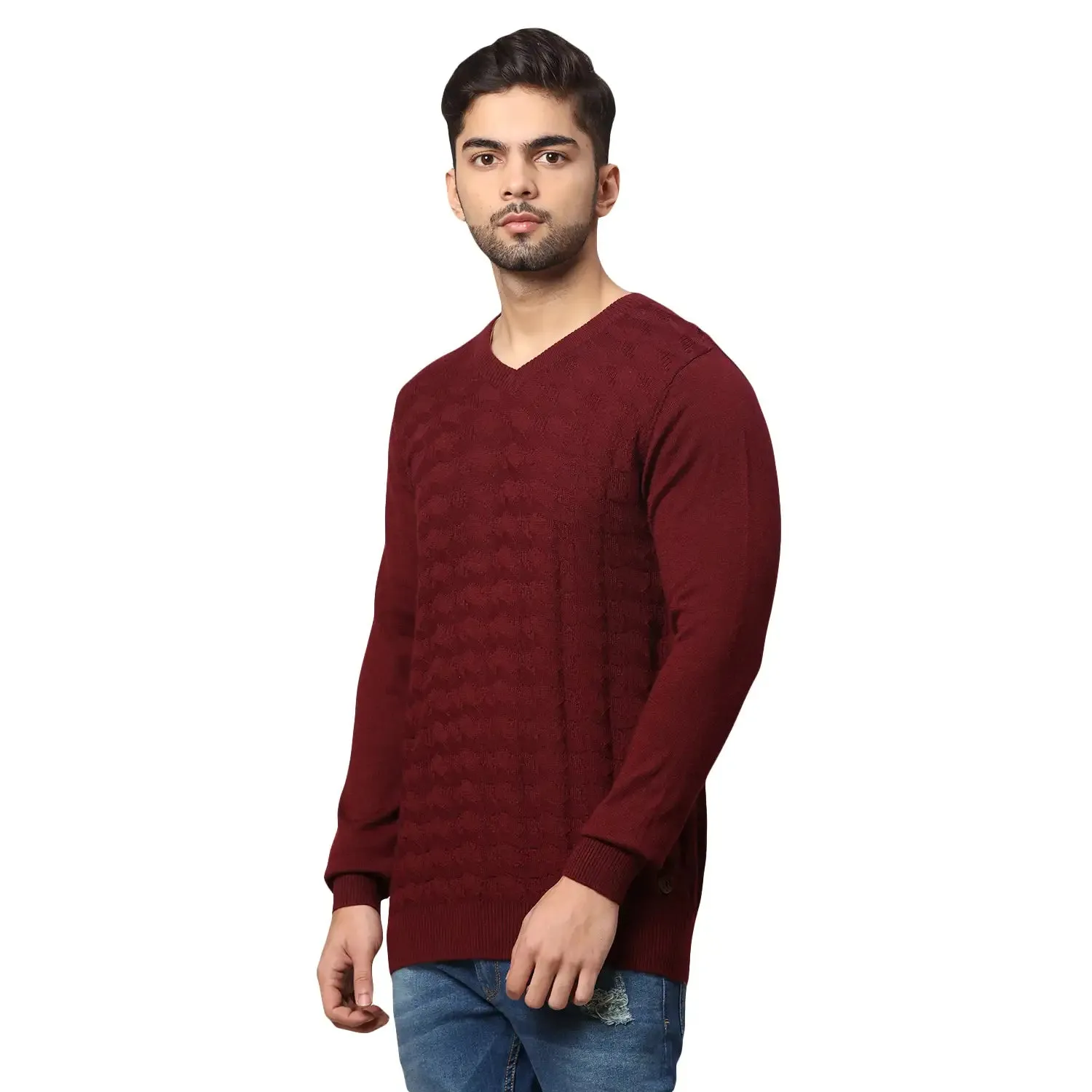 Men Maroon Acrylic Wool Blend Full Sleeve V Neck Collar Sweaters