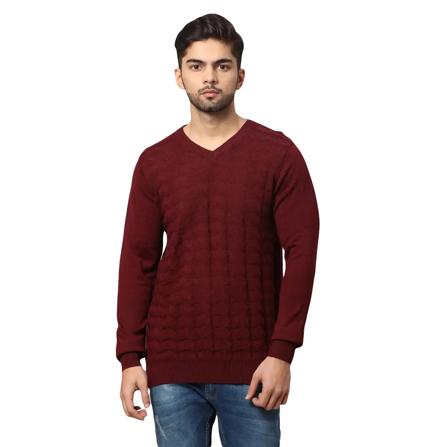 Men Maroon Acrylic Wool Blend Full Sleeve V Neck Collar Sweaters