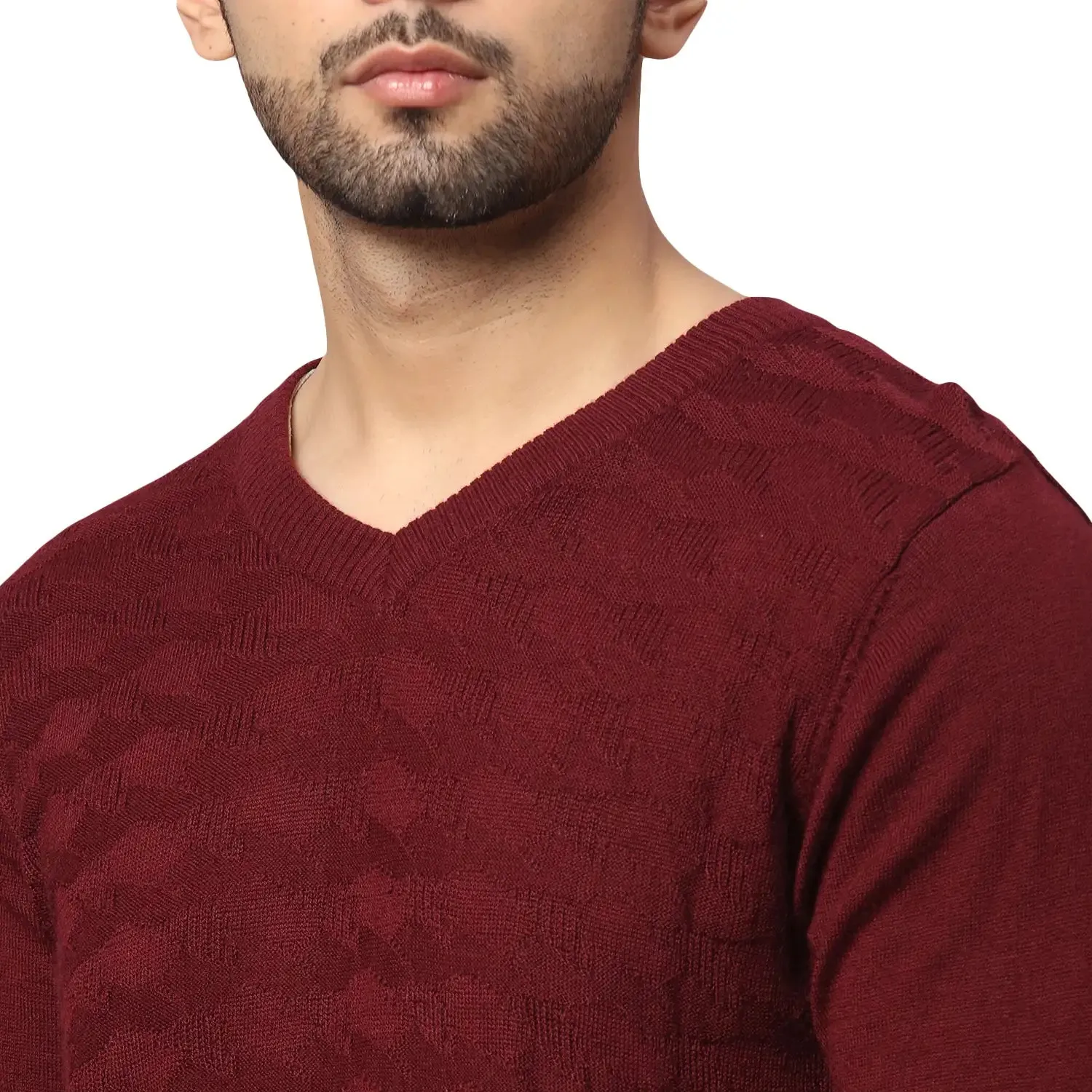 Men Maroon Acrylic Wool Blend Full Sleeve V Neck Collar Sweaters