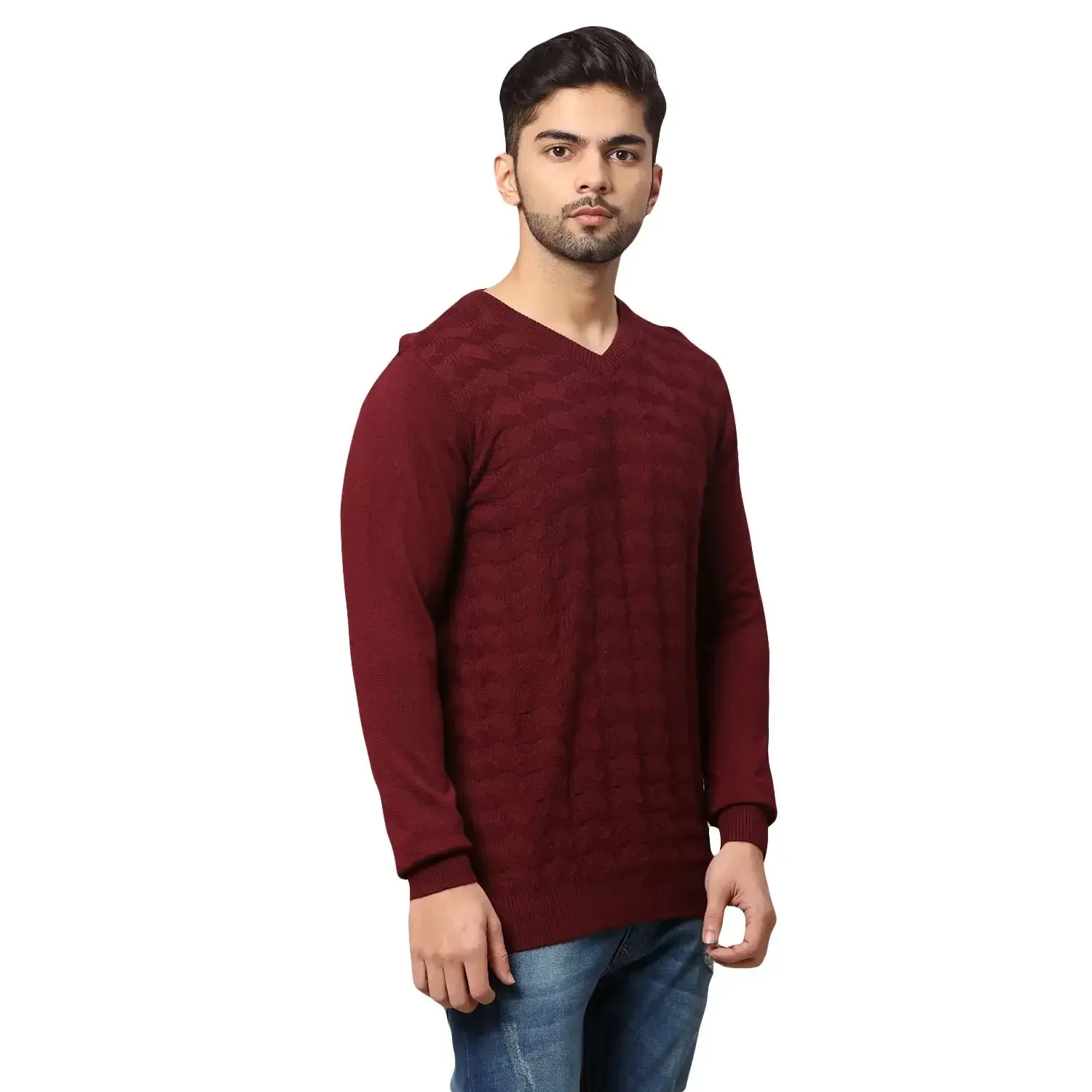 Men Maroon Acrylic Wool Blend Full Sleeve V Neck Collar Sweaters