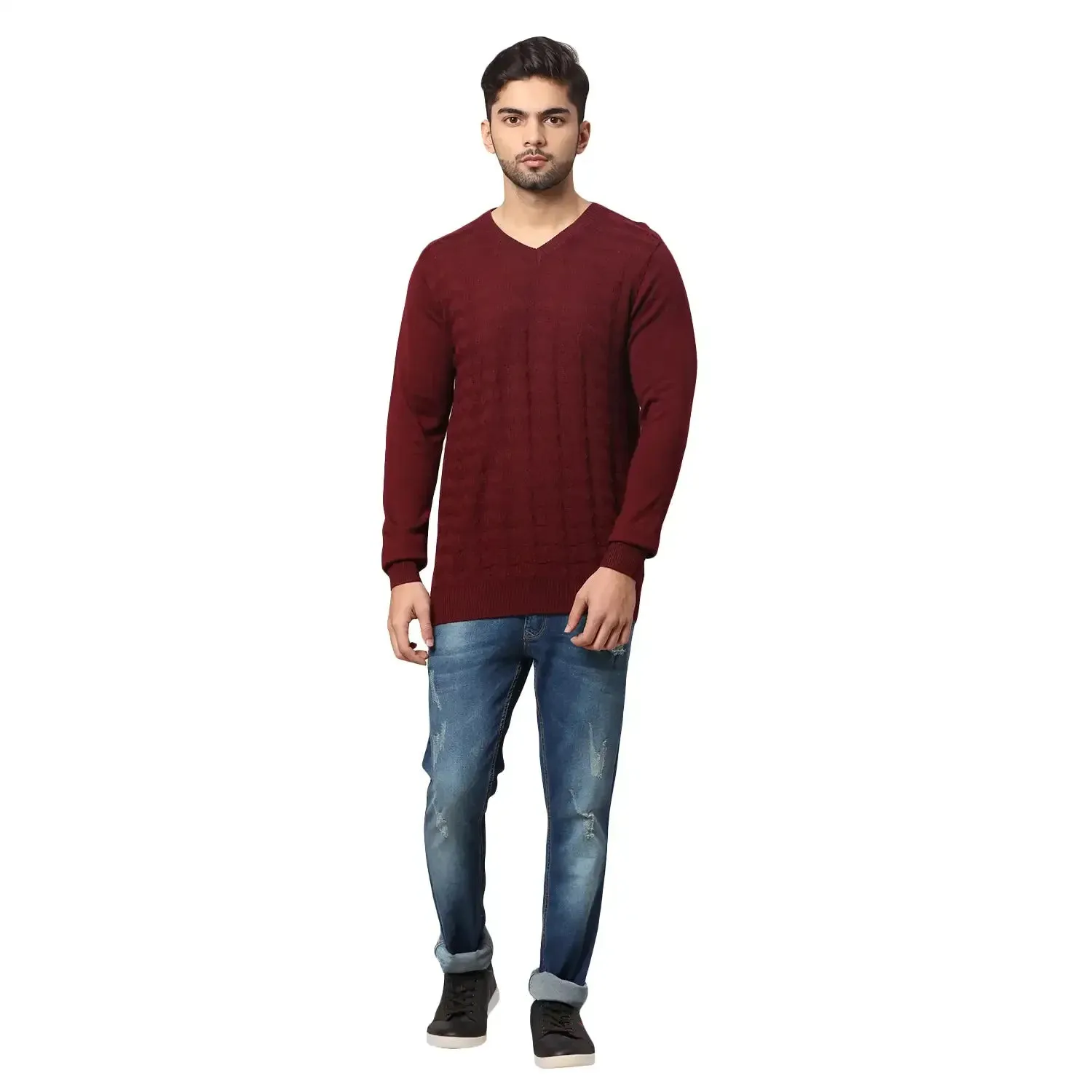 Men Maroon Acrylic Wool Blend Full Sleeve V Neck Collar Sweaters