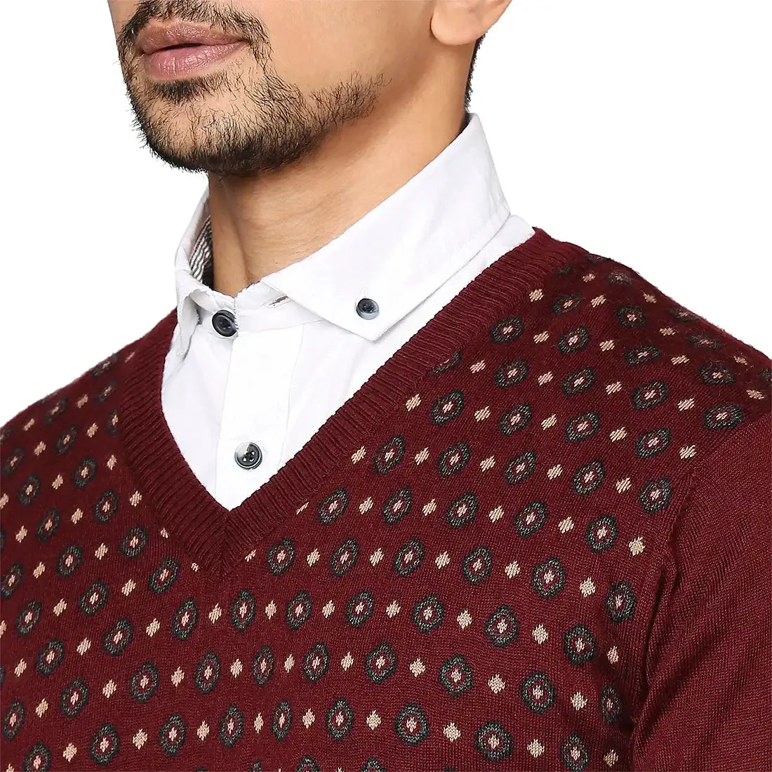 Men Maroon Jacquard Wool Blend Full Sleeve V Neck Collar Sweaters