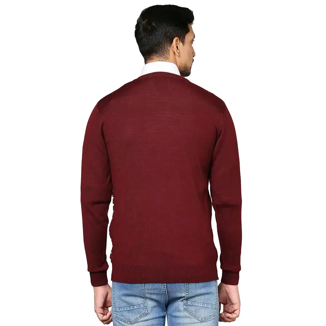 Men Maroon Jacquard Wool Blend Full Sleeve V Neck Collar Sweaters