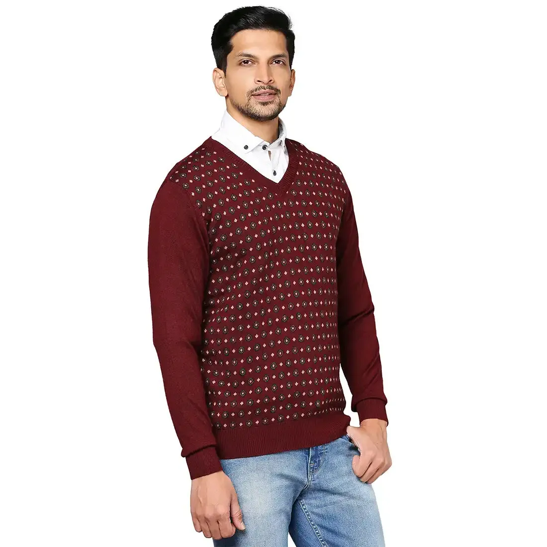 Men Maroon Jacquard Wool Blend Full Sleeve V Neck Collar Sweaters