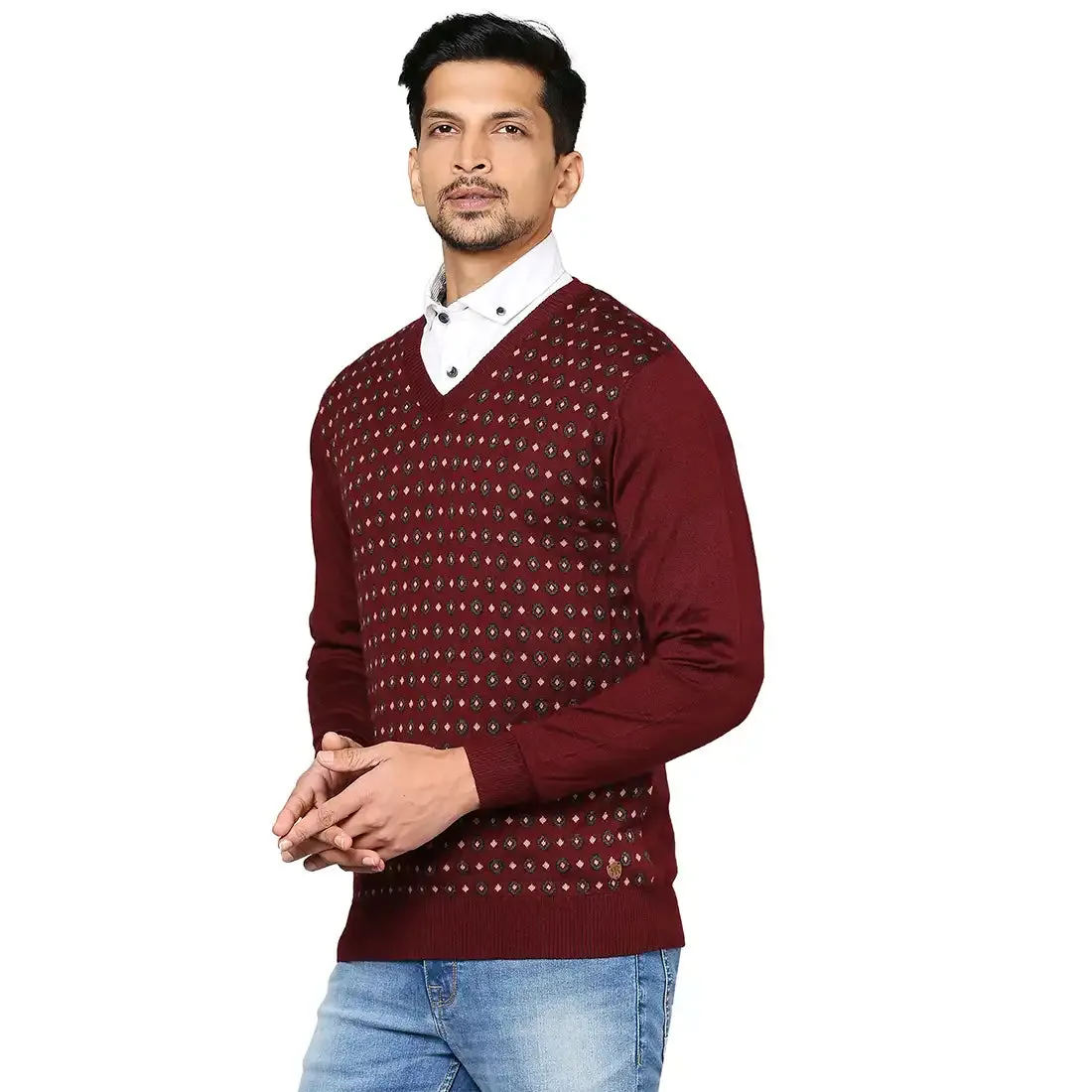 Men Maroon Jacquard Wool Blend Full Sleeve V Neck Collar Sweaters