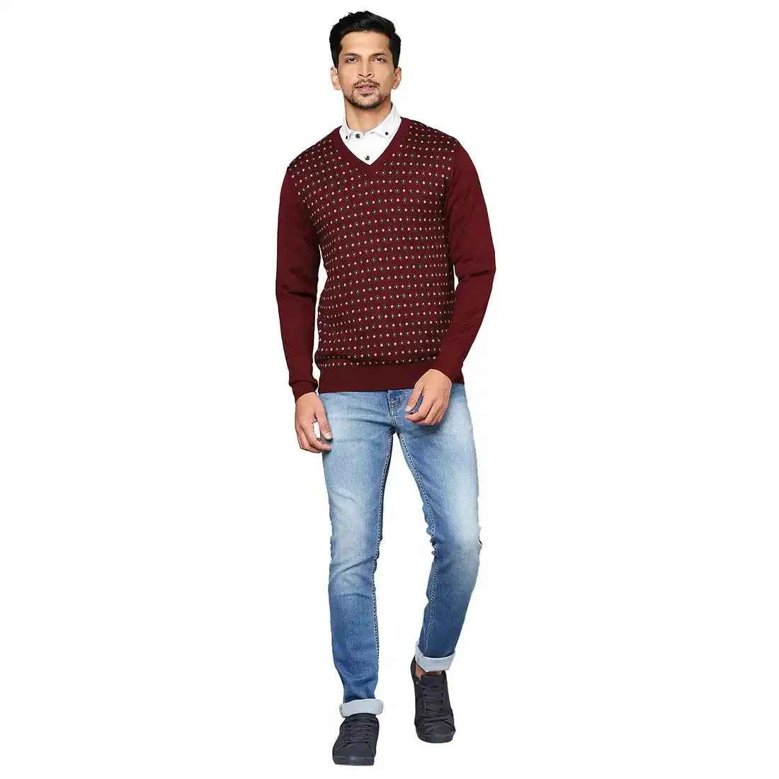 Men Maroon Jacquard Wool Blend Full Sleeve V Neck Collar Sweaters