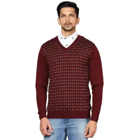 Men Maroon Jacquard Wool Blend Full Sleeve V Neck Collar Sweaters