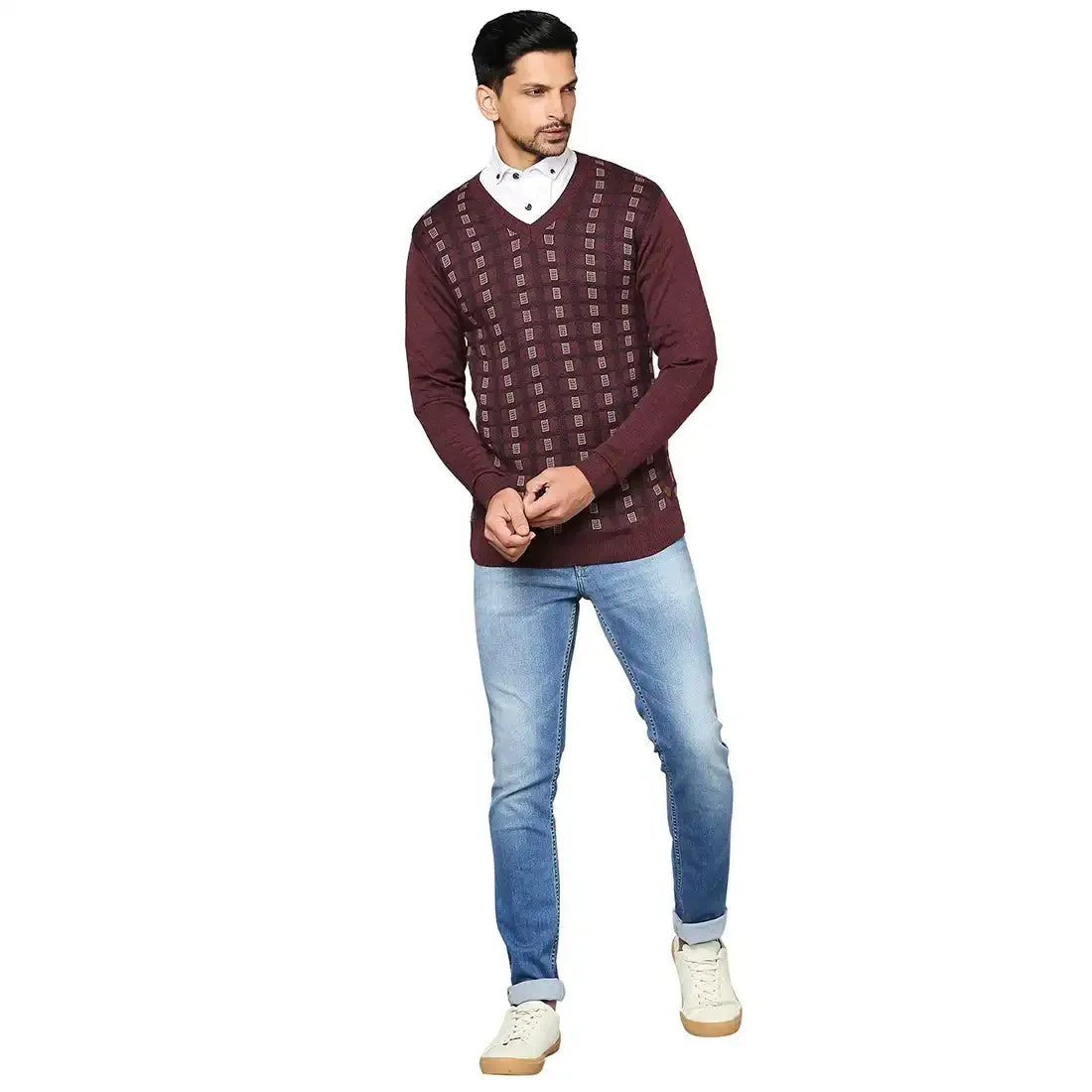 Men Maroon Wrapper Wool Blend Full Sleeve V Neck Collar Sweaters