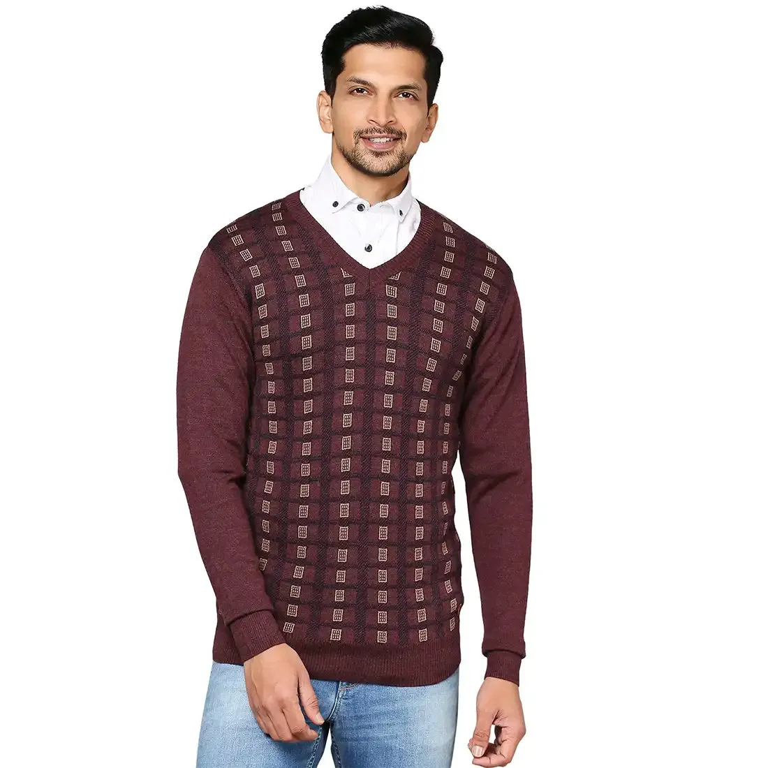 Men Maroon Wrapper Wool Blend Full Sleeve V Neck Collar Sweaters