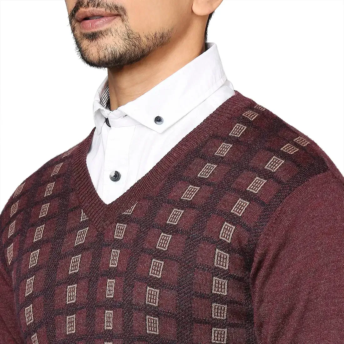 Men Maroon Wrapper Wool Blend Full Sleeve V Neck Collar Sweaters