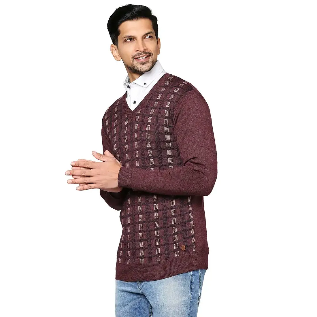 Men Maroon Wrapper Wool Blend Full Sleeve V Neck Collar Sweaters