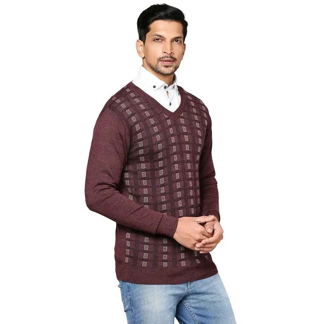 Men Maroon Wrapper Wool Blend Full Sleeve V Neck Collar Sweaters