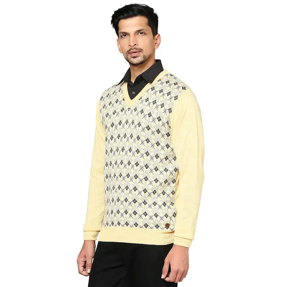 Men Yellow Argyle Wool Blend Full Sleeve V Neck Collar Sweaters