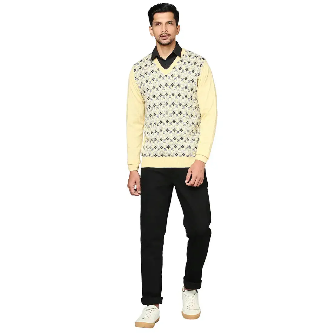 Men Yellow Argyle Wool Blend Full Sleeve V Neck Collar Sweaters