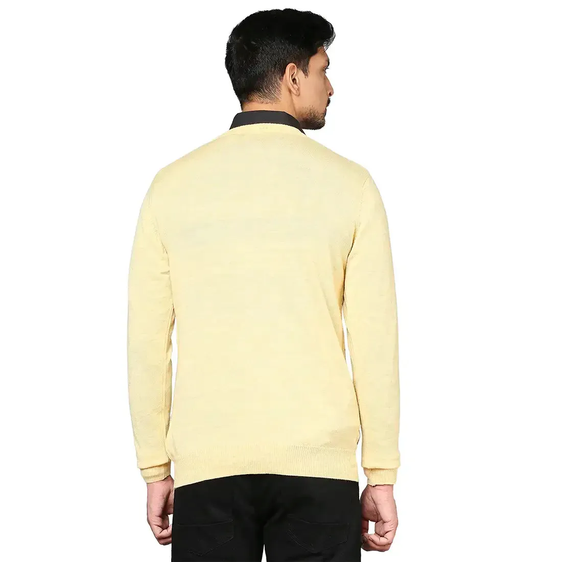 Men Yellow Argyle Wool Blend Full Sleeve V Neck Collar Sweaters