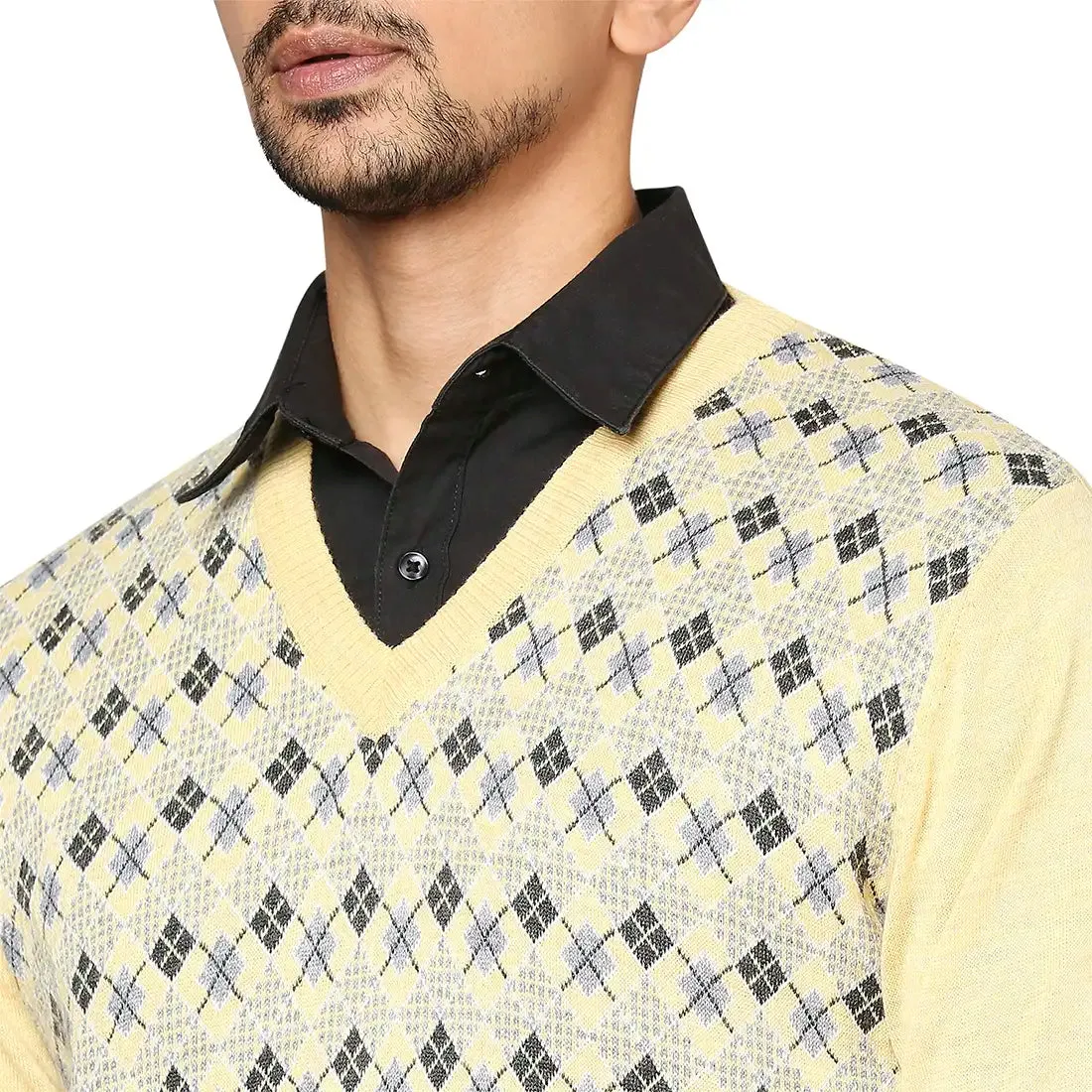 Men Yellow Argyle Wool Blend Full Sleeve V Neck Collar Sweaters