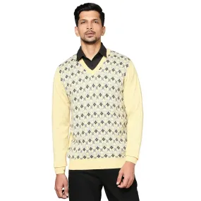 Men Yellow Argyle Wool Blend Full Sleeve V Neck Collar Sweaters