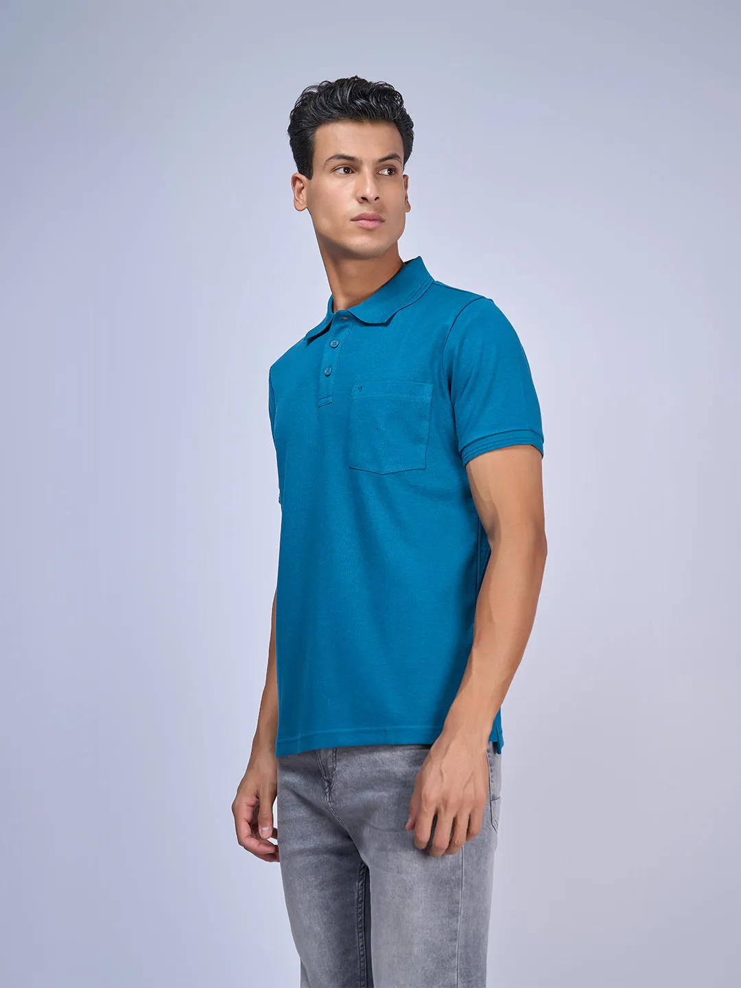 Mens Liquid Polo T-Shirt with Pocket Blue Metalic