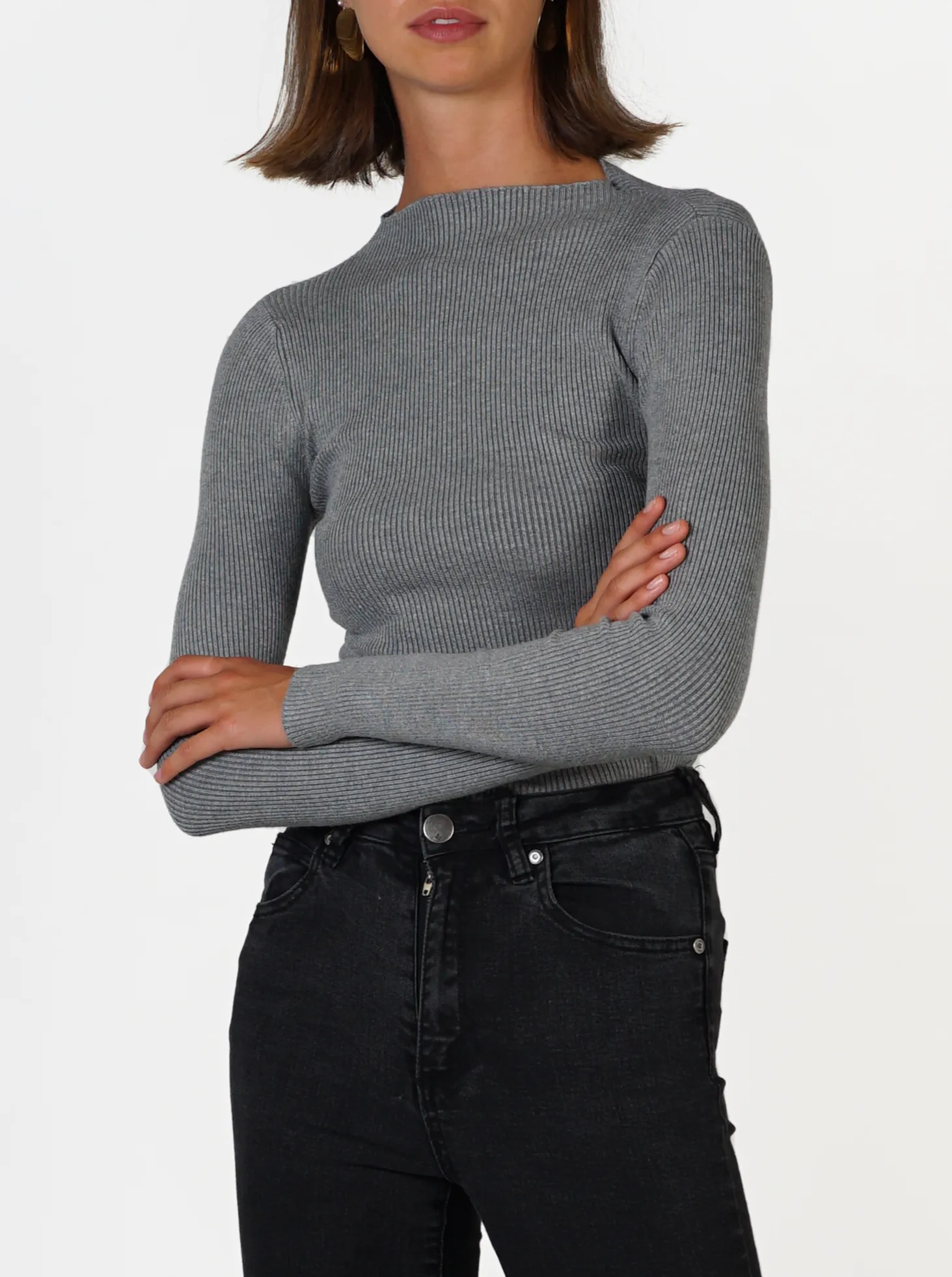 Mock Neck ribbed long sleeve- Charcoal