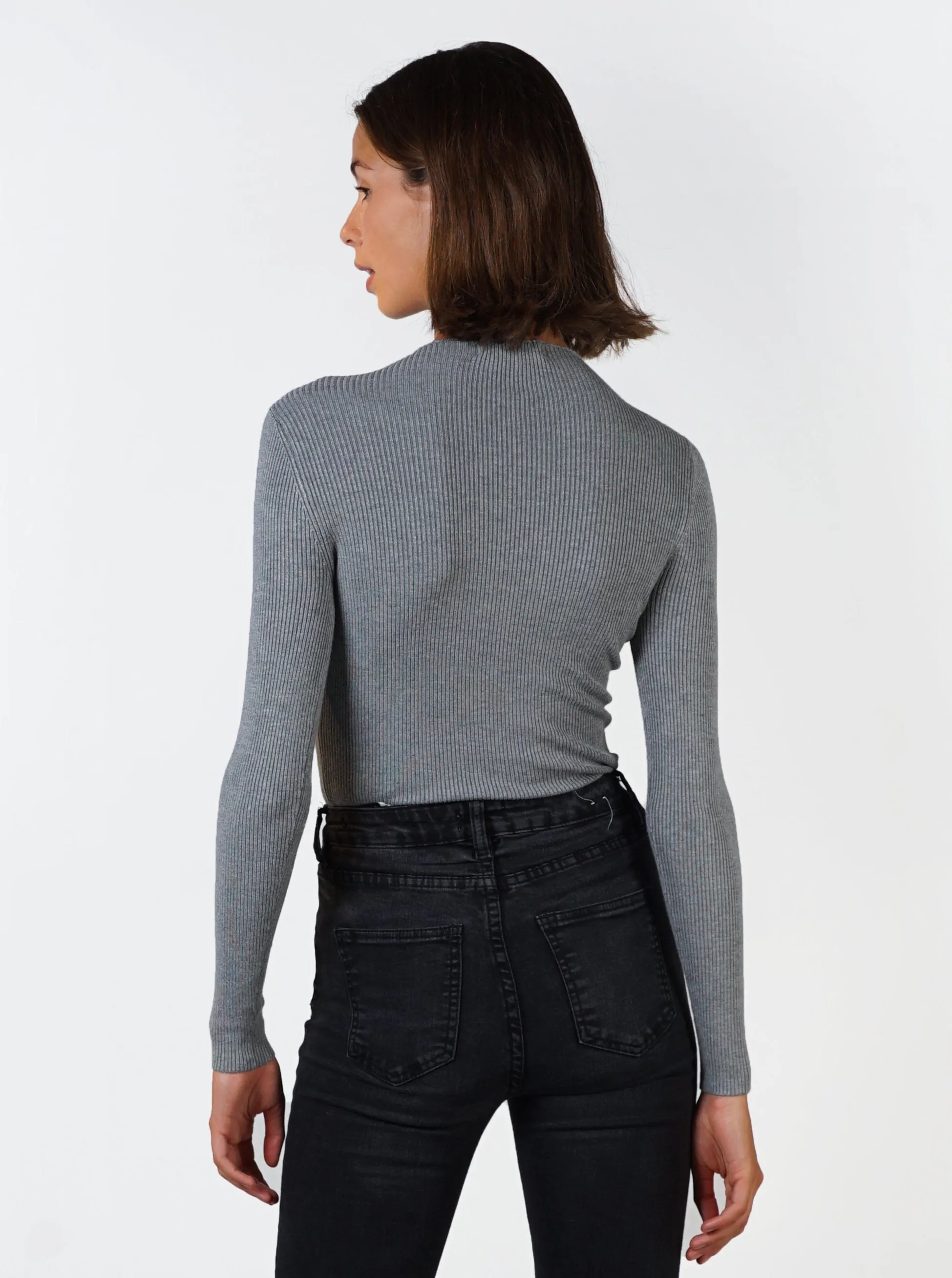 Mock Neck ribbed long sleeve- Charcoal