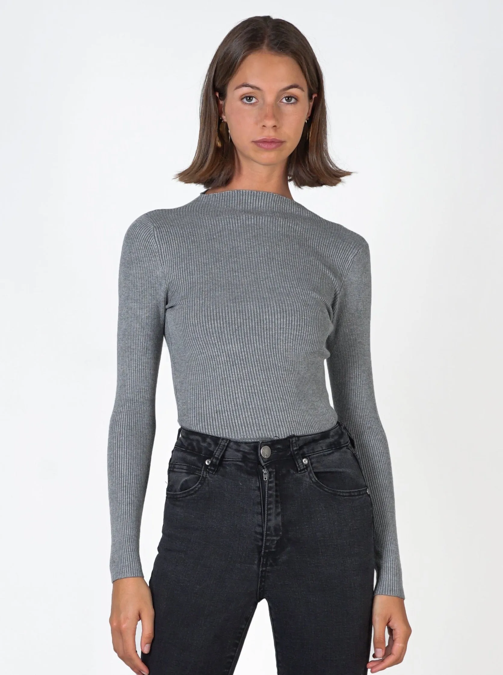 Mock Neck ribbed long sleeve- Charcoal