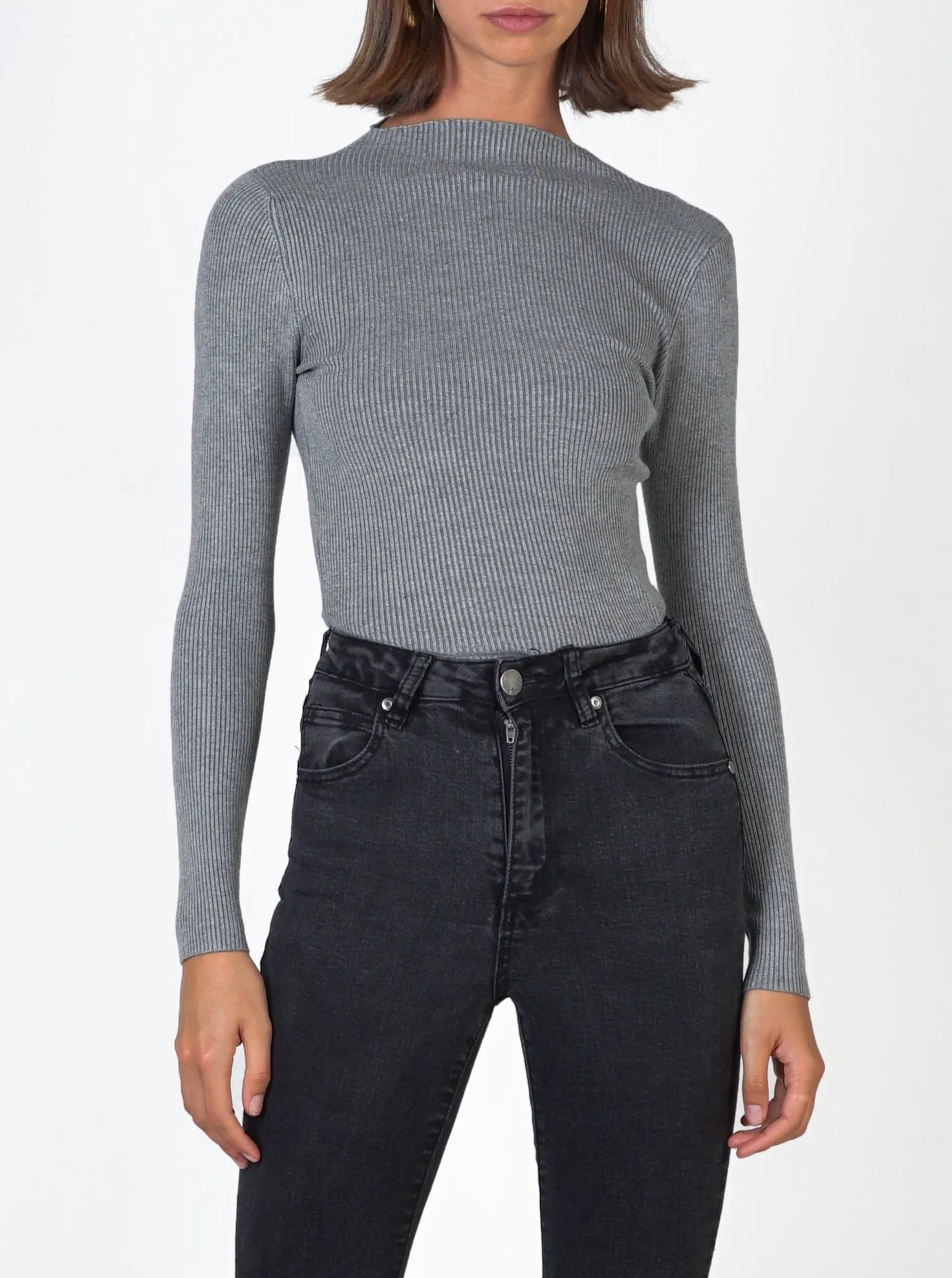 Mock Neck ribbed long sleeve- Charcoal