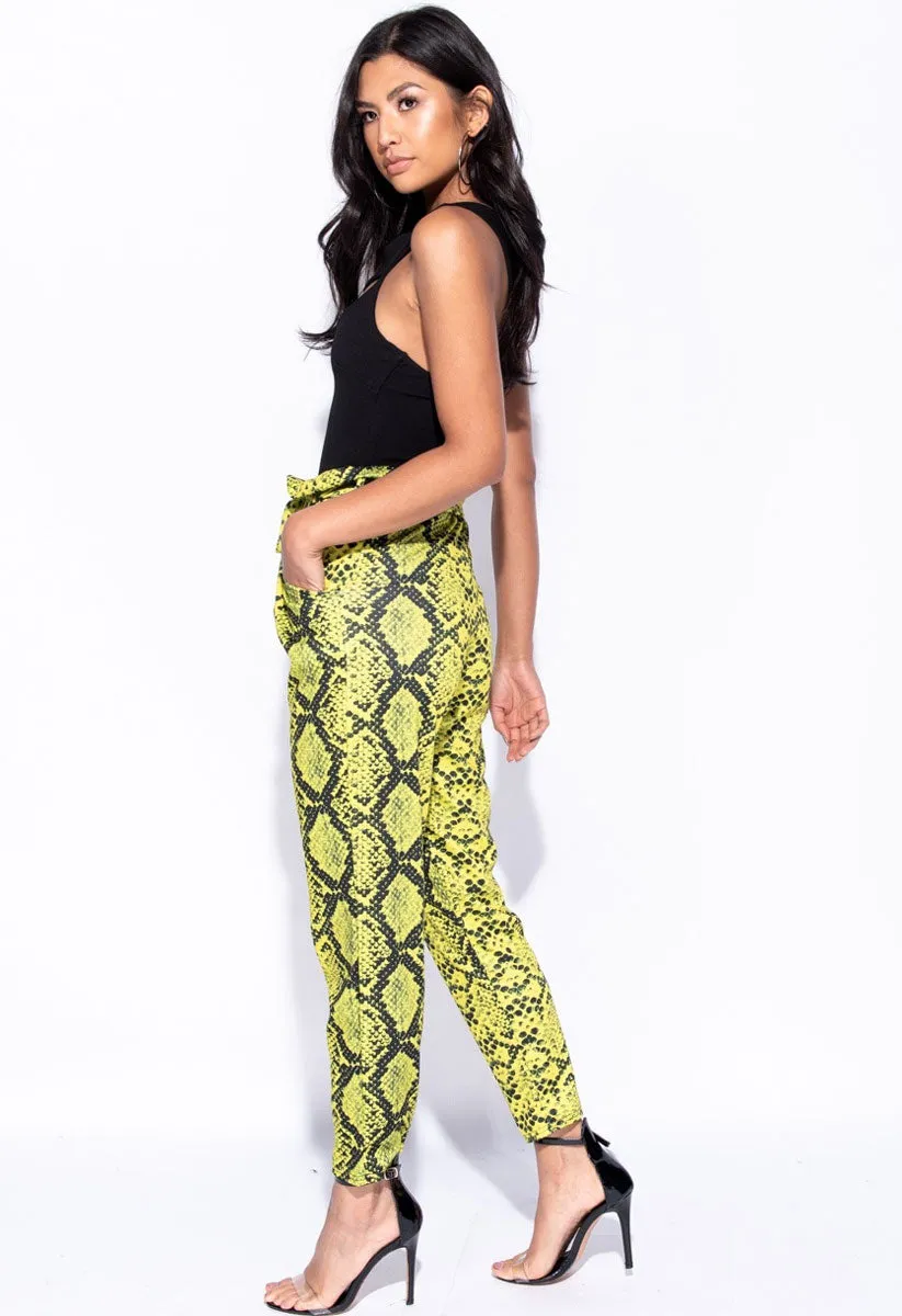 Neon Green Snake Print Paperbag Waist Belted Trousers