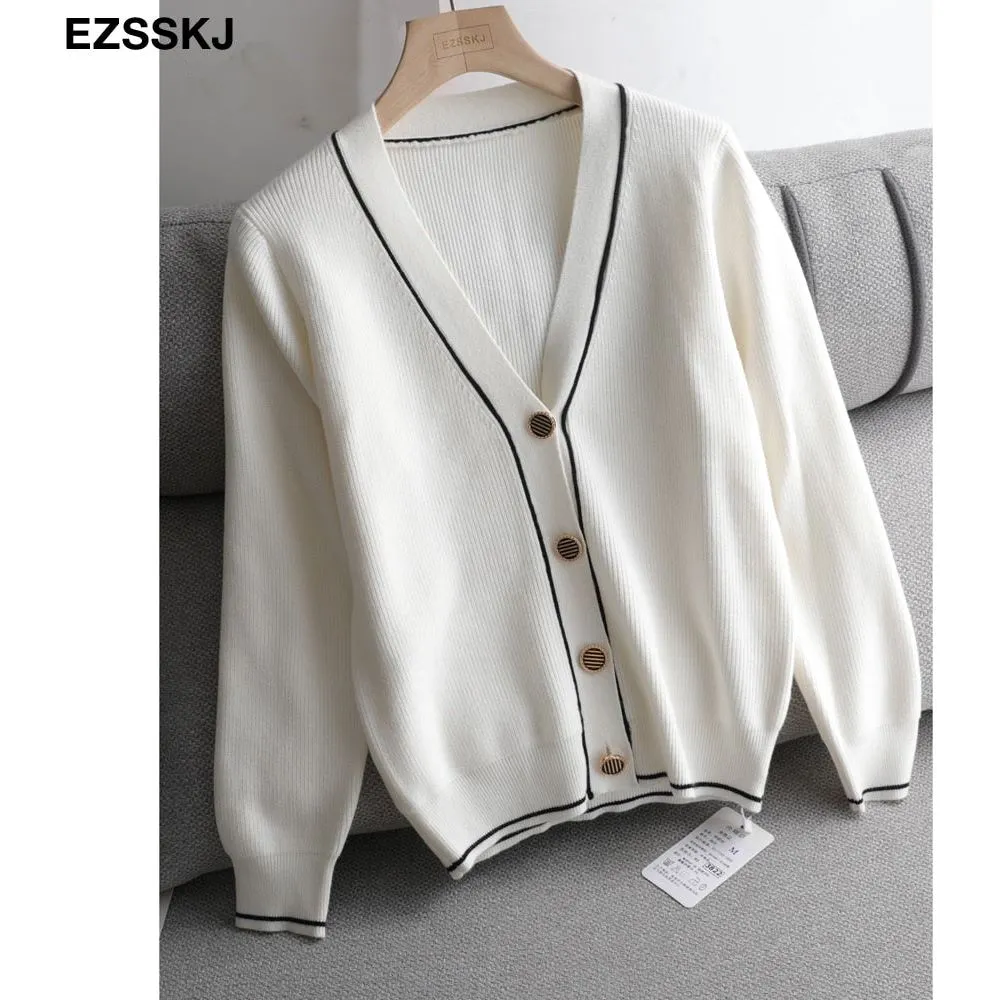 New White Black Solid Women's Cardigan Sweaters V-Neck Ribbed Knit Classic Style