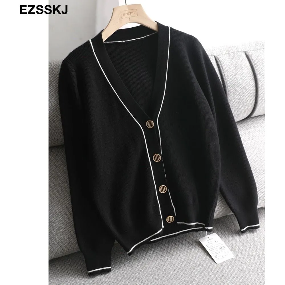 New White Black Solid Women's Cardigan Sweaters V-Neck Ribbed Knit Classic Style