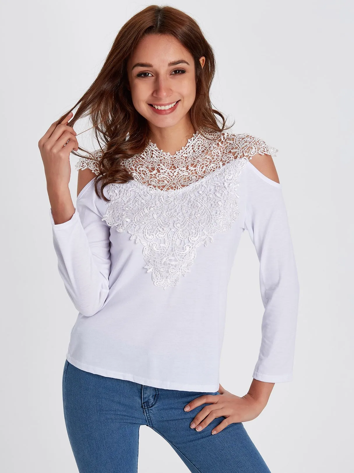 OEM ODM Crew Neck Cold Shoulder Plain Lace Long Sleeve T-Shirts