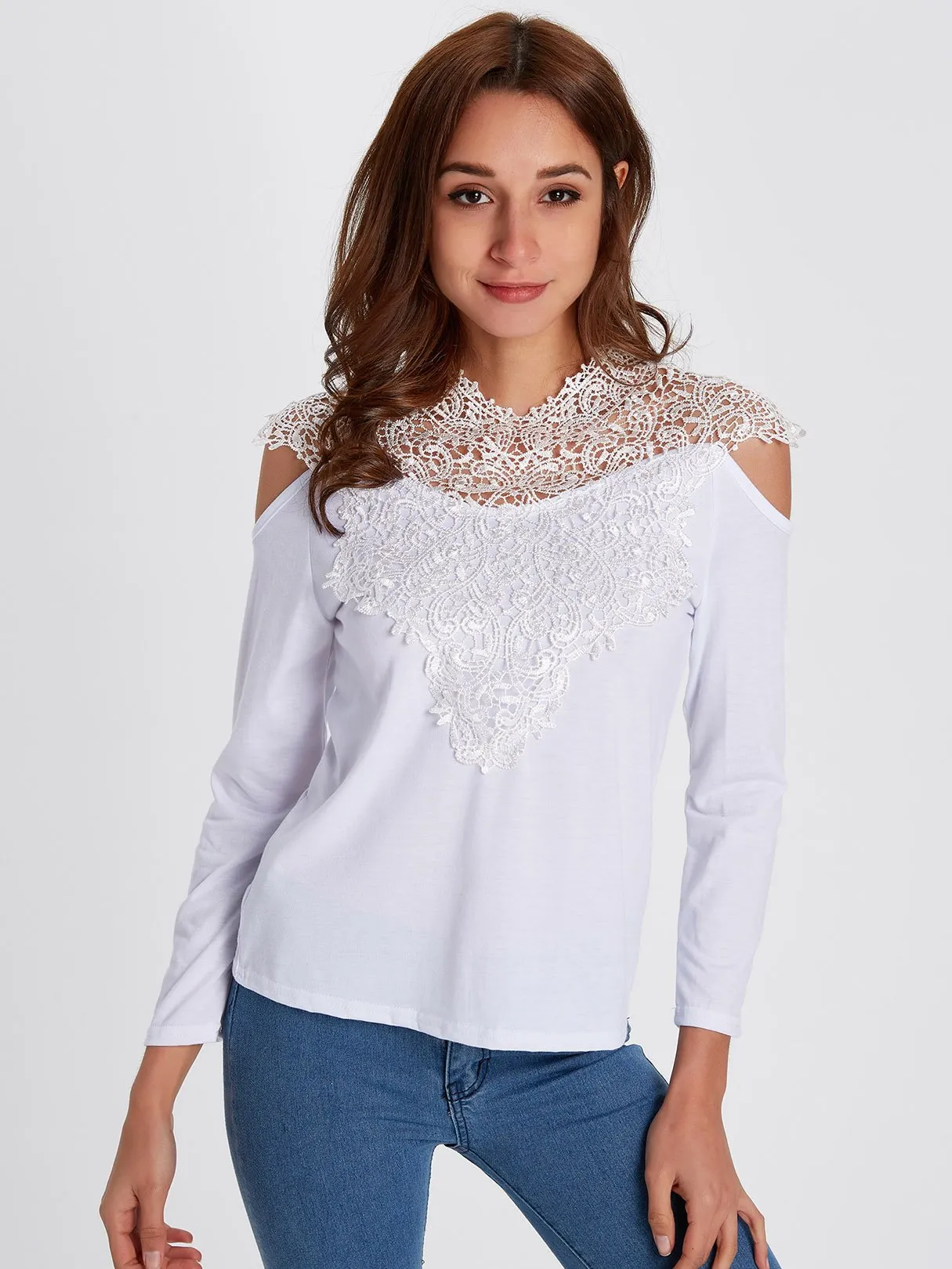 OEM ODM Crew Neck Cold Shoulder Plain Lace Long Sleeve T-Shirts