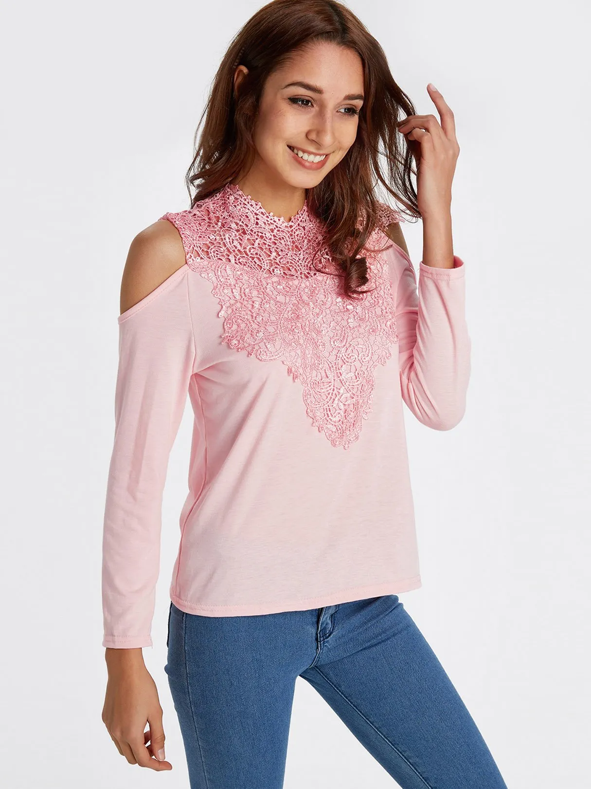 OEM ODM Crew Neck Cold Shoulder Plain Lace Long Sleeve T-Shirts