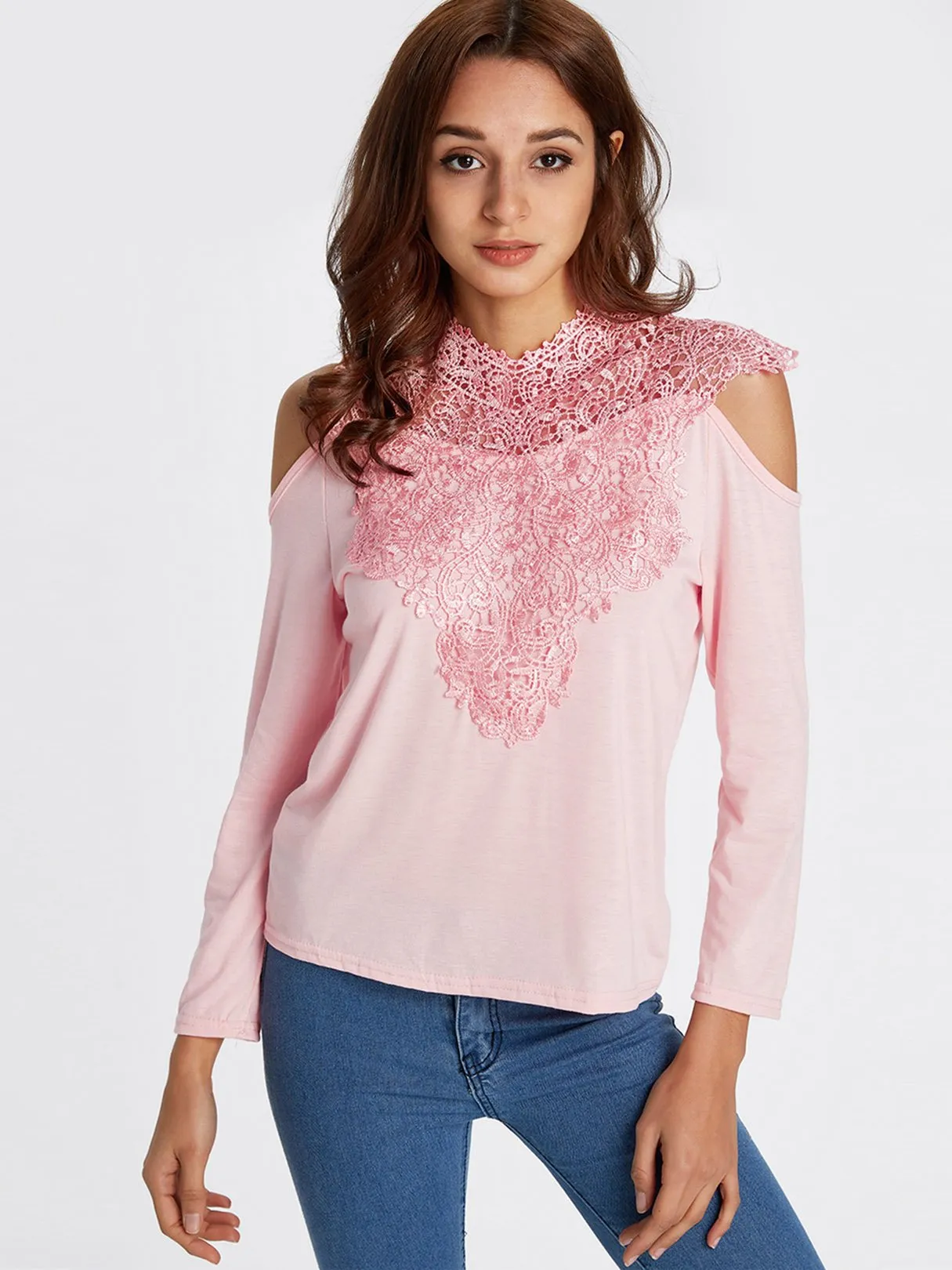 OEM ODM Crew Neck Cold Shoulder Plain Lace Long Sleeve T-Shirts