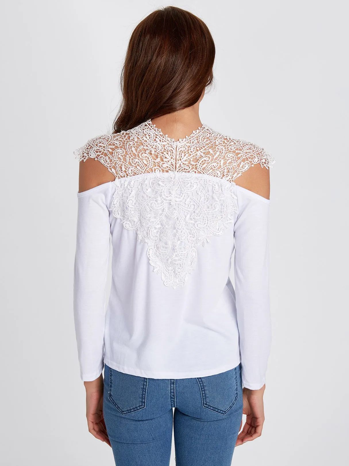 OEM ODM Crew Neck Cold Shoulder Plain Lace Long Sleeve T-Shirts