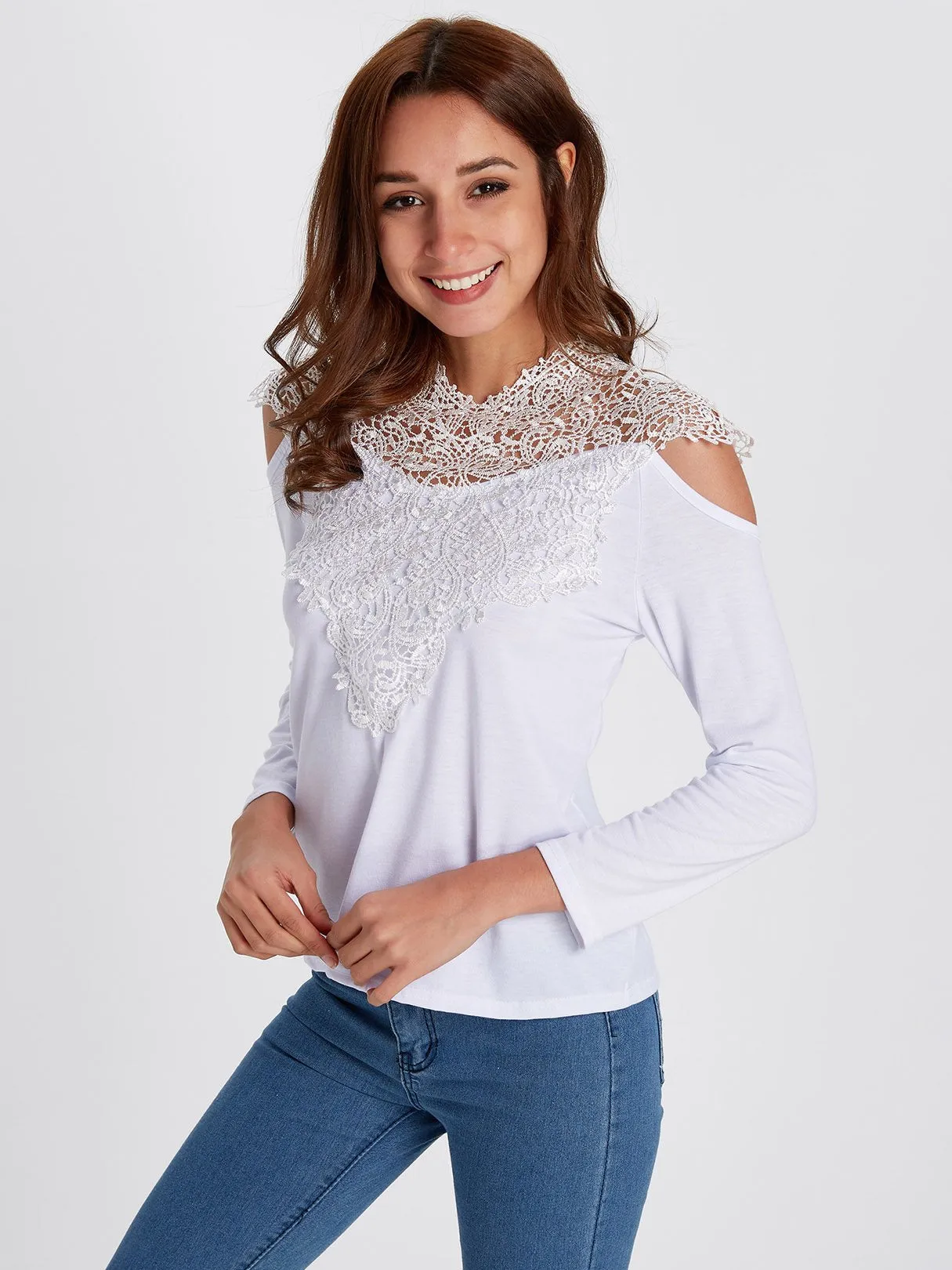 OEM ODM Crew Neck Cold Shoulder Plain Lace Long Sleeve T-Shirts