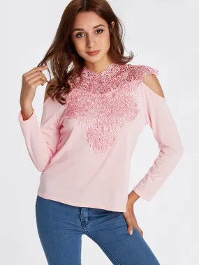 OEM ODM Crew Neck Cold Shoulder Plain Lace Long Sleeve T-Shirts