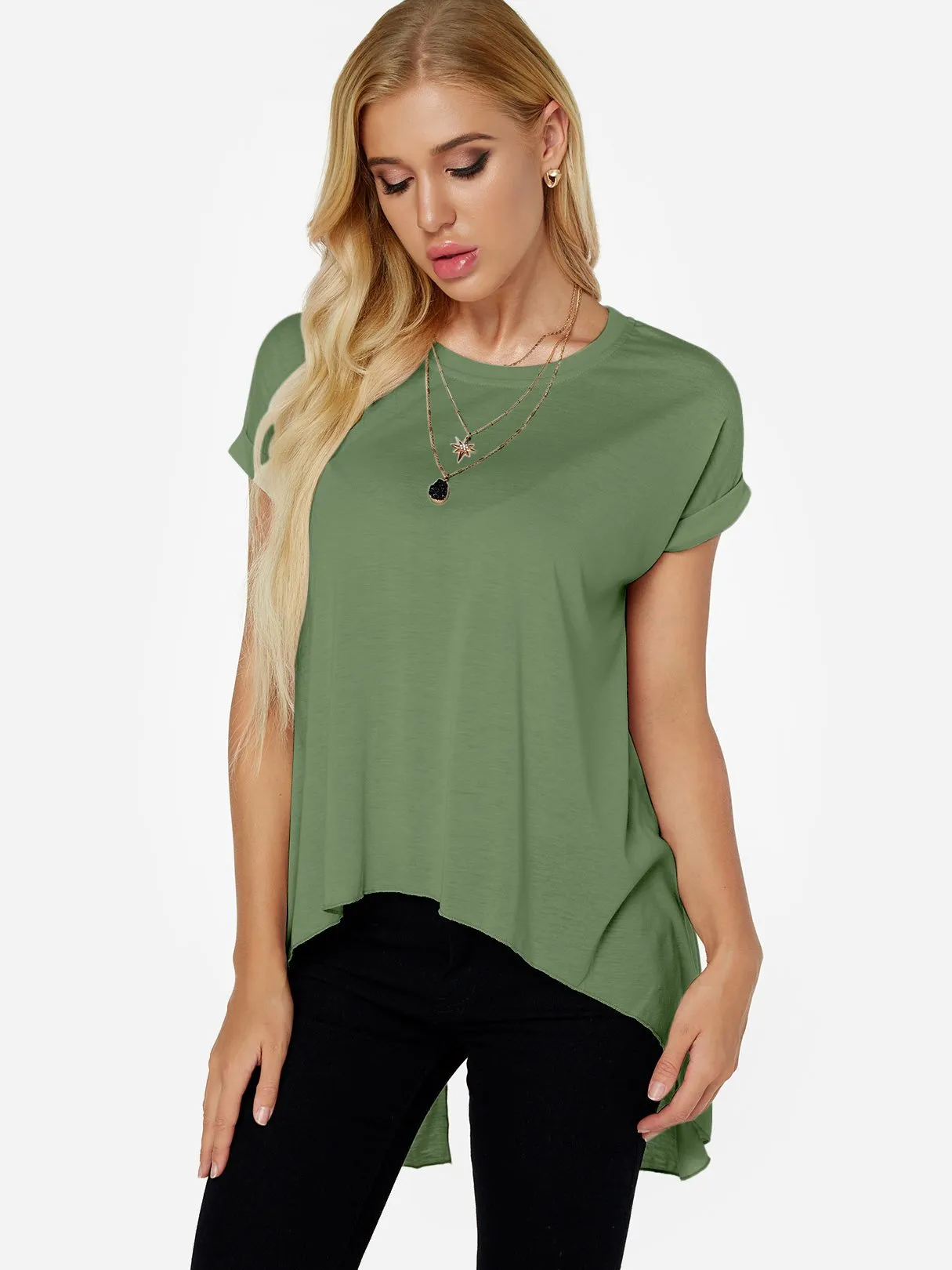 OEM ODM Crew Neck Plain Slit Short Sleeve Irregular Hem Green T-Shirts