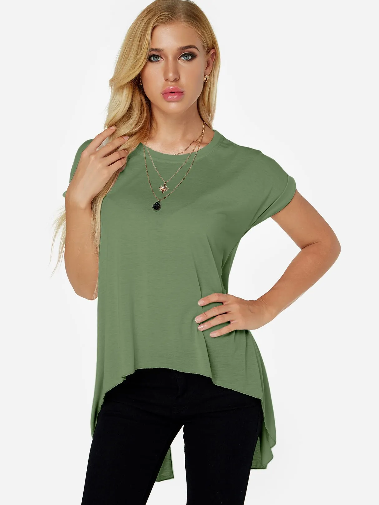 OEM ODM Crew Neck Plain Slit Short Sleeve Irregular Hem Green T-Shirts