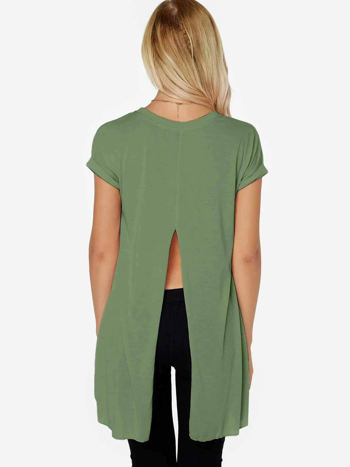 OEM ODM Crew Neck Plain Slit Short Sleeve Irregular Hem Green T-Shirts