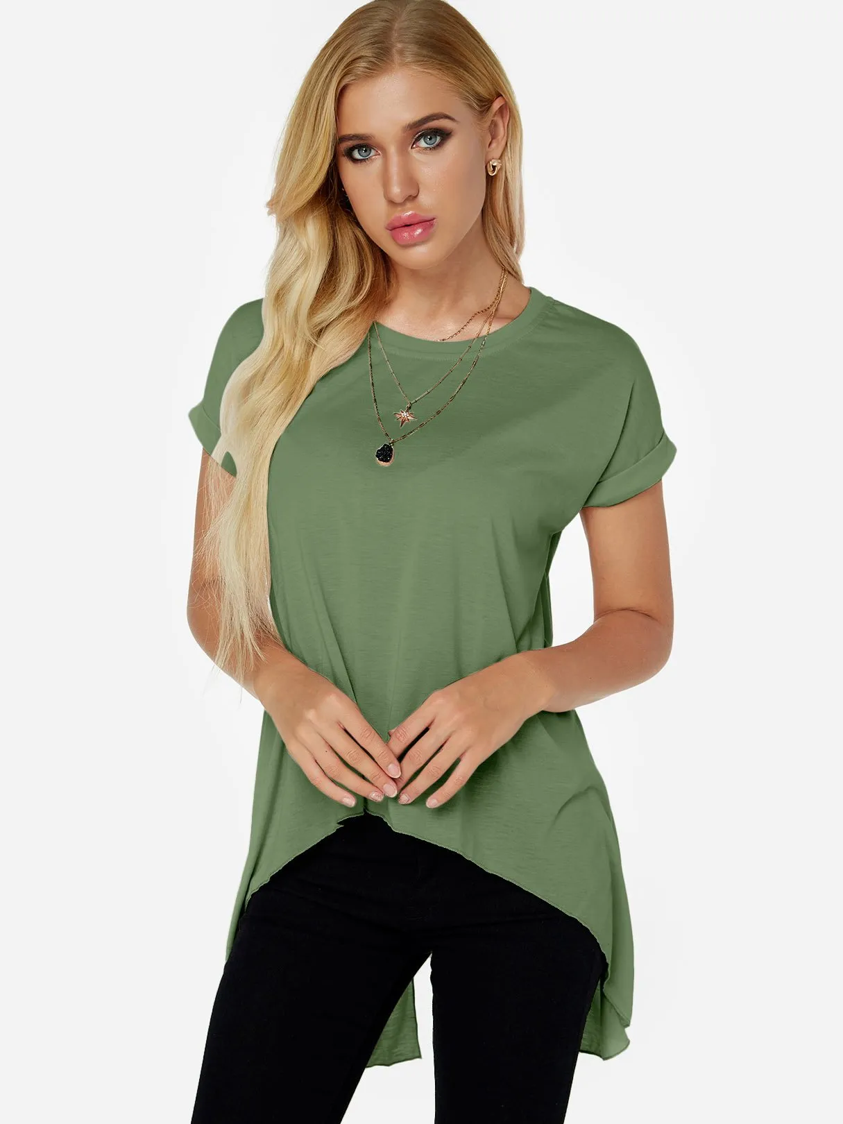 OEM ODM Crew Neck Plain Slit Short Sleeve Irregular Hem Green T-Shirts