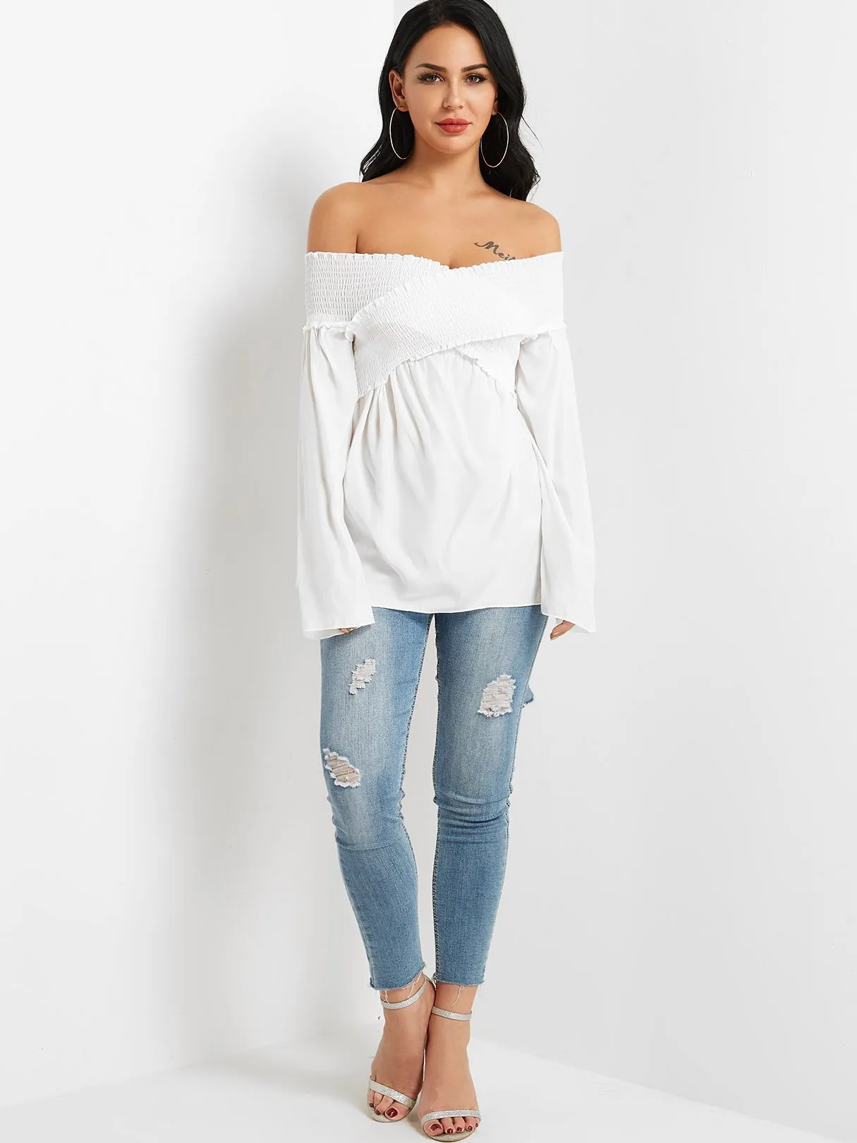 OEM ODM Off The Shoulder Plain Crossed Front Pleated Long Sleeve White Top