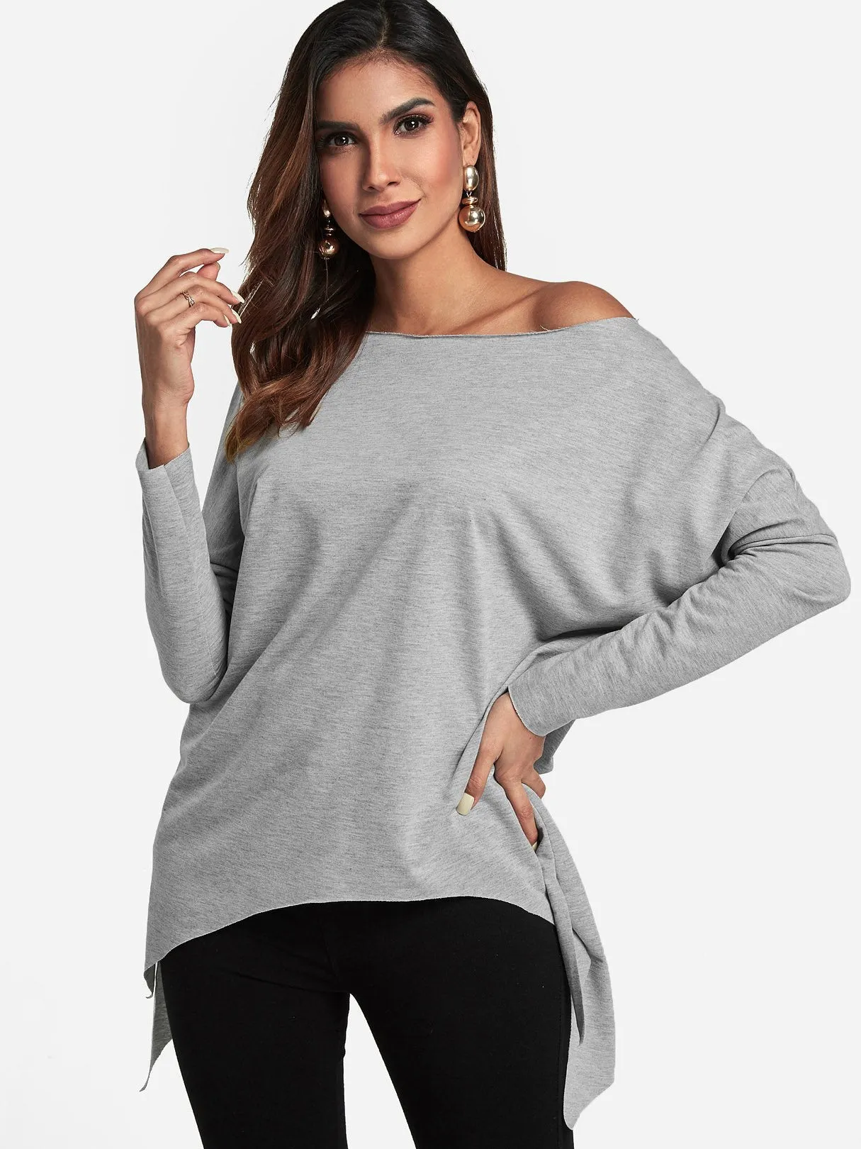 OEM ODM One Shoulder Plain Slit Long Sleeve Irregular Hem Top