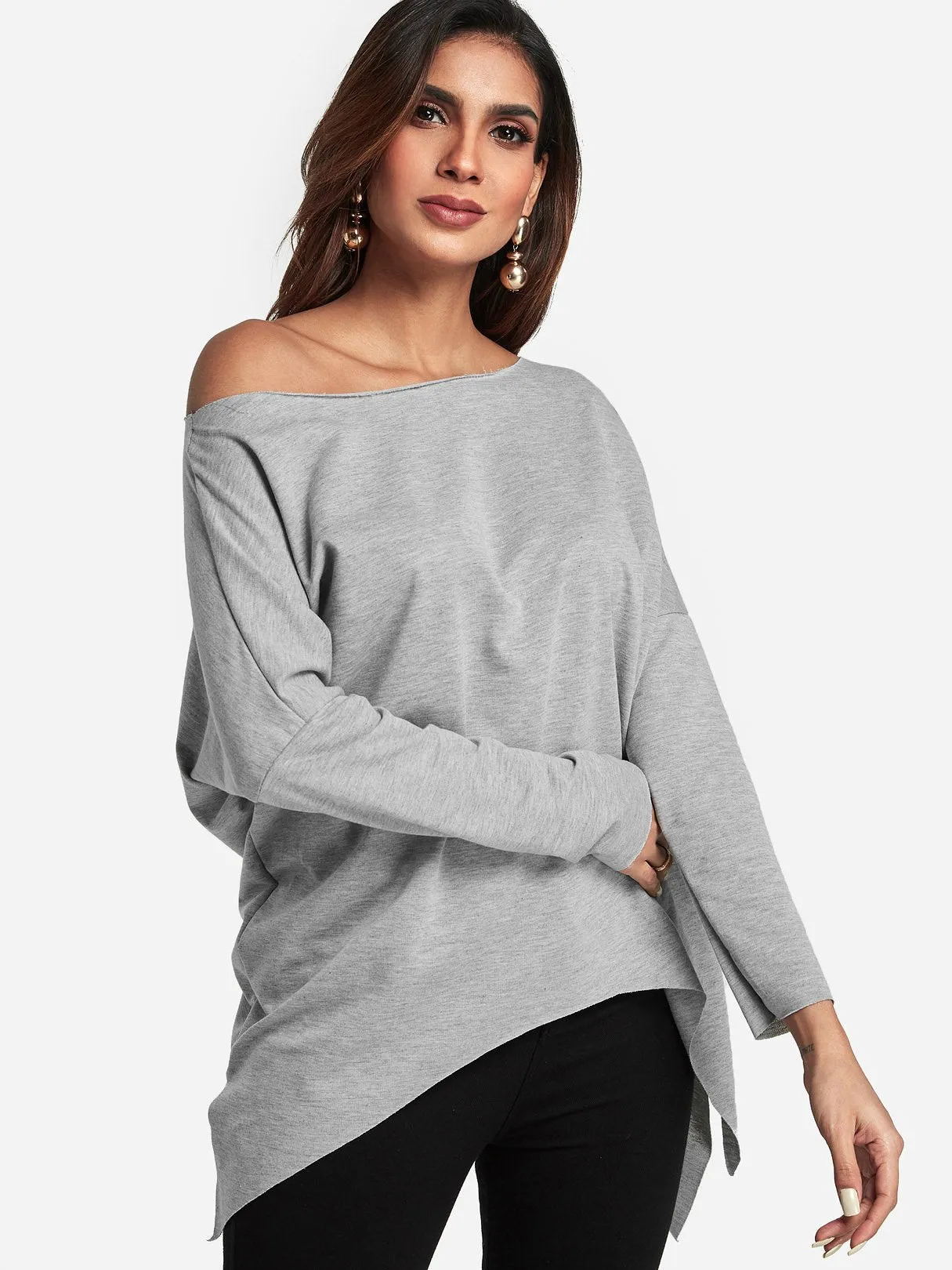 OEM ODM One Shoulder Plain Slit Long Sleeve Irregular Hem Top