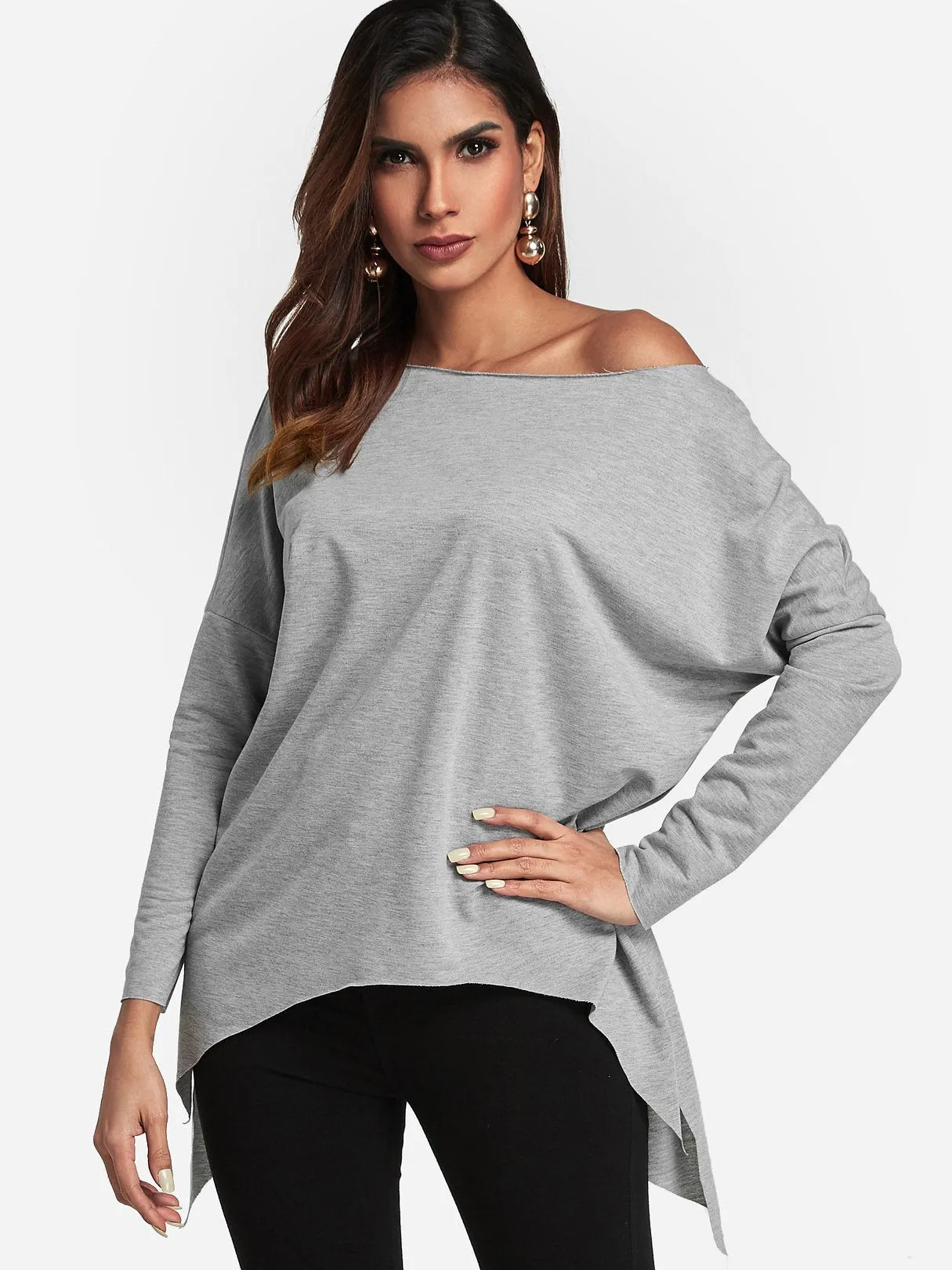 OEM ODM One Shoulder Plain Slit Long Sleeve Irregular Hem Top